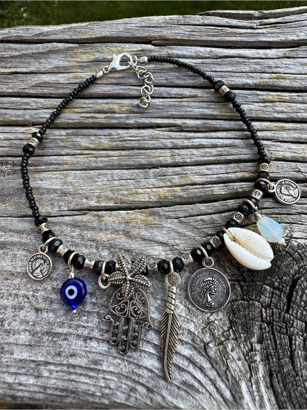 Bohemian Shell & Charm Anklet - Black Seed Bead Queen Elizabeth Hamsa Evil Eye